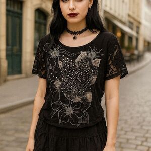 Vtg Y2K Wet Seal Black Floral Bling Sequined S/S Scoop Neck Dolman Babydoll Top